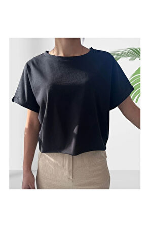 Crop Bisiklet Yaka Siyah Pamuklu T-shirt Sportwear