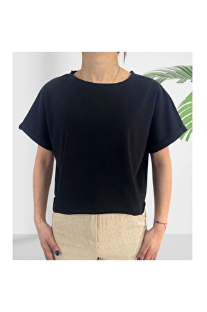 Crop Bisiklet Yaka Siyah Pamuklu T-shirt Sportwear