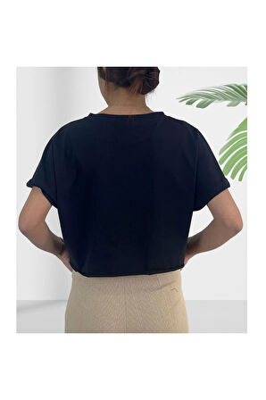 Crop Bisiklet Yaka Siyah Pamuklu T-shirt Sportwear