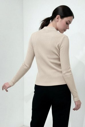 Kadın Polo Yaka Beyaz Fitilli Kaşkorse Uzun Kollu Tişört