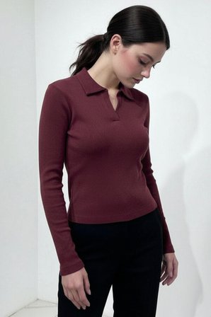 Kadın Polo Yaka Beyaz Fitilli Kaşkorse Uzun Kollu Tişört