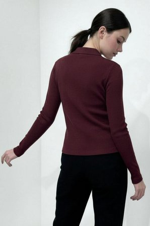 Kadın Polo Yaka Beyaz Fitilli Kaşkorse Uzun Kollu Tişört