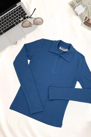 Kadın Polo Yaka Beyaz Fitilli Kaşkorse Uzun Kollu Tişört