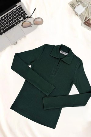 Kadın Polo Yaka Beyaz Fitilli Kaşkorse Uzun Kollu Tişört