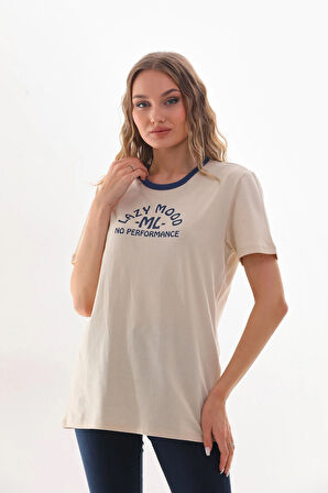 Kadın Bisiklet Yaka Slogan Baskılı Kontrast Biyeli T-shirt