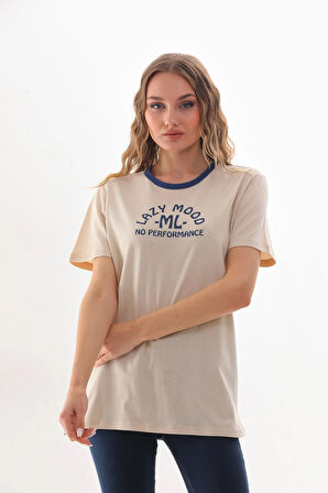 Kadın Bisiklet Yaka Slogan Baskılı Kontrast Biyeli T-shirt