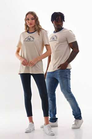 Kadın Bisiklet Yaka Slogan Baskılı Kontrast Biyeli T-shirt