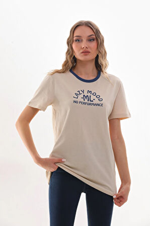 Kadın Bisiklet Yaka Slogan Baskılı Kontrast Biyeli T-shirt