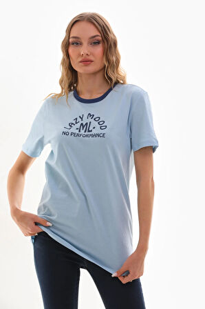 Kadın Bisiklet Yaka Slogan Baskılı Kontrast Biyeli T-shirt