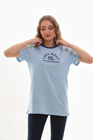 Kadın Bisiklet Yaka Slogan Baskılı Kontrast Biyeli T-shirt