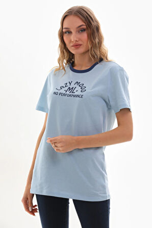 Kadın Bisiklet Yaka Slogan Baskılı Kontrast Biyeli T-shirt