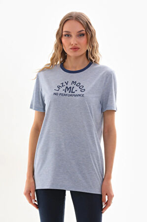 Kadın Bisiklet Yaka Slogan Baskılı Kontrast Biyeli T-shirt