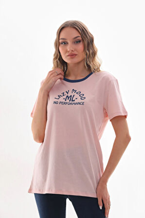 Kadın Bisiklet Yaka Slogan Baskılı Kontrast Biyeli T-shirt