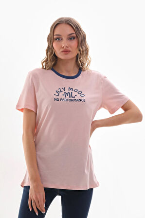 Kadın Bisiklet Yaka Slogan Baskılı Kontrast Biyeli T-shirt