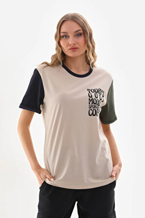 Uniseks Renkli Kısa Kollu Beyaz Bisiklet Yaka Slogan Baskılı Tişört