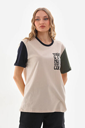 Uniseks Renkli Kısa Kollu Beyaz Bisiklet Yaka Slogan Baskılı Tişört