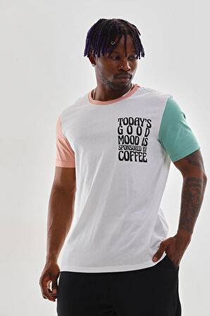 Uniseks Renkli Kısa Kollu Beyaz Bisiklet Yaka Slogan Baskılı Tişört