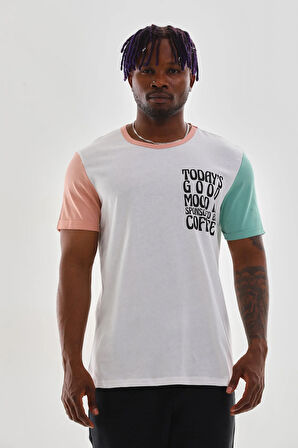 Uniseks Renkli Kısa Kollu Beyaz Bisiklet Yaka Slogan Baskılı Tişört