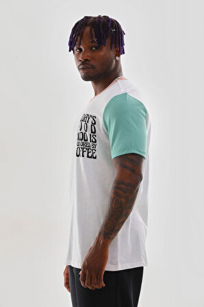 Uniseks Renkli Kısa Kollu Beyaz Bisiklet Yaka Slogan Baskılı Tişört