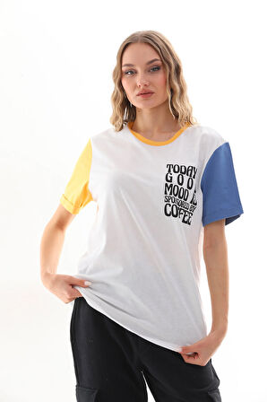 Uniseks Renkli Kısa Kollu Beyaz Bisiklet Yaka Slogan Baskılı Tişört