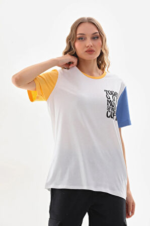 Uniseks Renkli Kısa Kollu Beyaz Bisiklet Yaka Slogan Baskılı Tişört