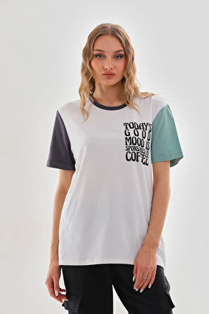 Uniseks Renkli Kısa Kollu Beyaz Bisiklet Yaka Slogan Baskılı Tişört