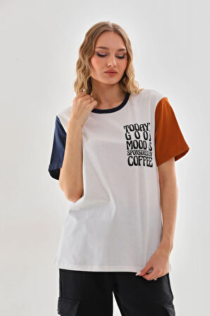 Uniseks Renkli Kısa Kollu Beyaz Bisiklet Yaka Slogan Baskılı Tişört