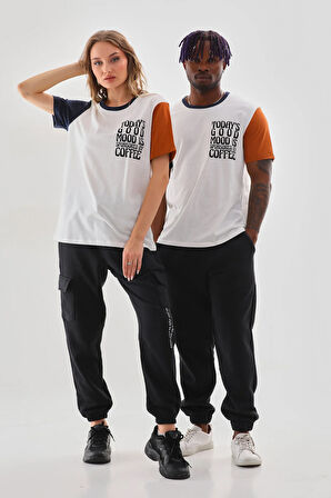 Uniseks Renkli Kısa Kollu Beyaz Bisiklet Yaka Slogan Baskılı Tişört