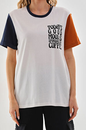 Uniseks Renkli Kısa Kollu Beyaz Bisiklet Yaka Slogan Baskılı Tişört