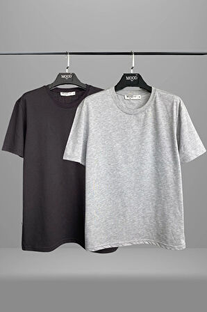 Unisex 2'li Siyah Grimelanj Düz Basic Tişört %100 Pamuklu