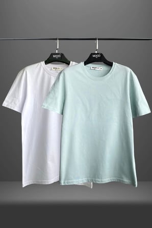 unisex 2'li beyaz mint düz basic tişört %100 pamuklu
