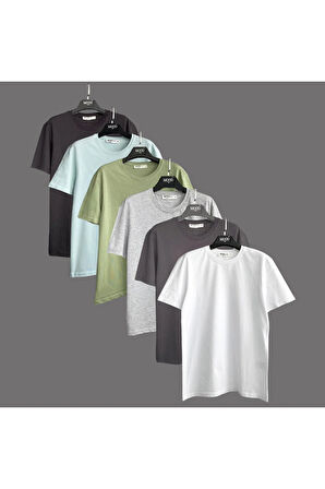 Basic Unisex Baskısız Bisiklet Yaka Pamuklu Regular Fit 6'lı Tişört Paketi