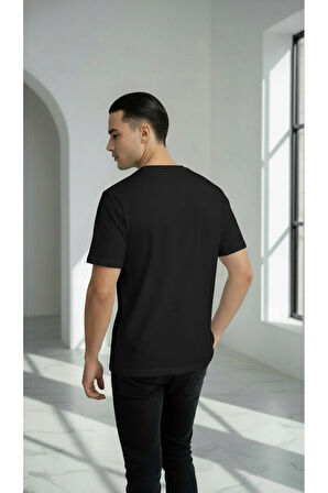 Unisex Düz %100 Pamuk Bisiklet Yaka Siyah Basic Tişört