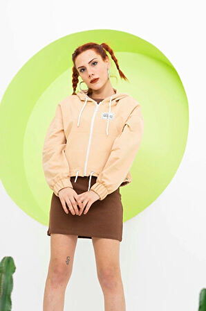 Kadın Kapşonlu Fermuarlı Crop Sweatshırt