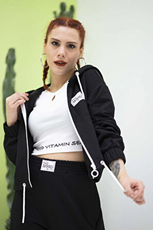 Kadın Kapşonlu Fermuarlı Crop Sweatshırt