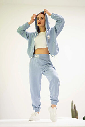 Kadın Kapşonlu Fermuarlı Crop Sweatshırt