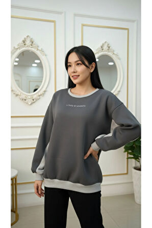 Kadın Rahat Kesim İçi Şardonlu Oversize Slogan Baskılı Sweatshirt