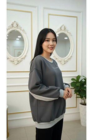 Kadın Rahat Kesim İçi Şardonlu Oversize Slogan Baskılı Sweatshirt