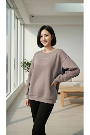 Kadın Rahat Kesim İçi Şardonlu Oversize Slogan Baskılı Sweatshirt