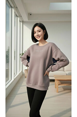 Kadın Rahat Kesim İçi Şardonlu Oversize Slogan Baskılı Sweatshirt
