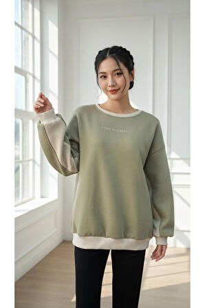 Kadın Rahat Kesim İçi Şardonlu Oversize Slogan Baskılı Sweatshirt