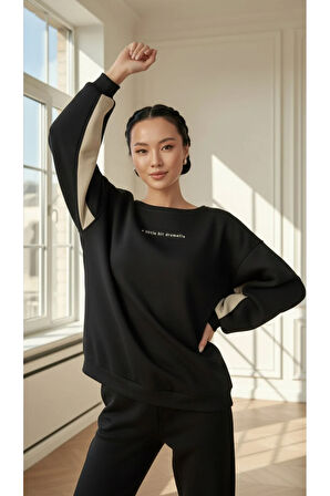 Kadın Rahat Kesim İçi Şardonlu Oversize Slogan Baskılı Sweatshirt