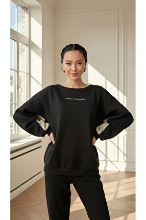 Kadın Rahat Kesim İçi Şardonlu Oversize Slogan Baskılı Sweatshirt