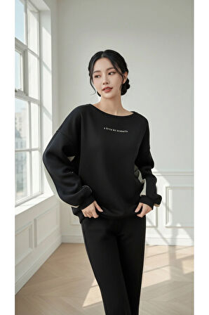 Kadın Rahat Kesim İçi Şardonlu Oversize Slogan Baskılı Sweatshirt