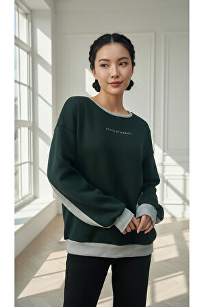 Kadın Rahat Kesim İçi Şardonlu Oversize Slogan Baskılı Sweatshirt