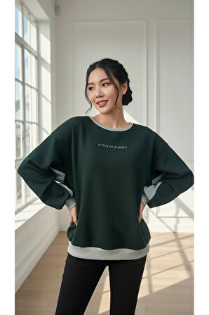 Kadın Rahat Kesim İçi Şardonlu Oversize Slogan Baskılı Sweatshirt