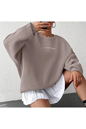 Rahat Kesim Slogan Baskılı Şardonlu Oversize Sweatshirt