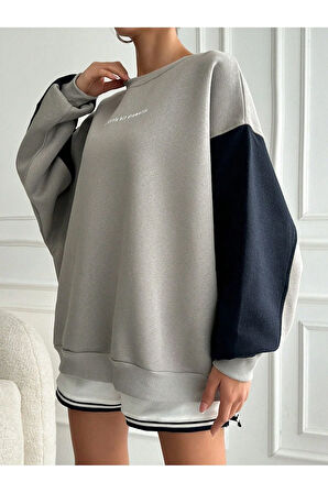 Rahat Kesim Slogan Baskılı Şardonlu Büyük Beden Sweatshirt