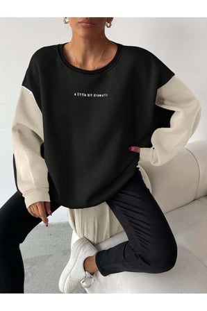 Rahat Kesim Slogan Baskılı Şardonlu Büyük Beden Sweatshirt