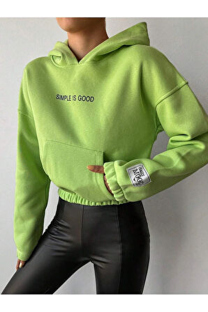 CROP KAPŞONLU 3 İPLİK NEON YEŞİL ŞARDONLU SWEATSHIRT